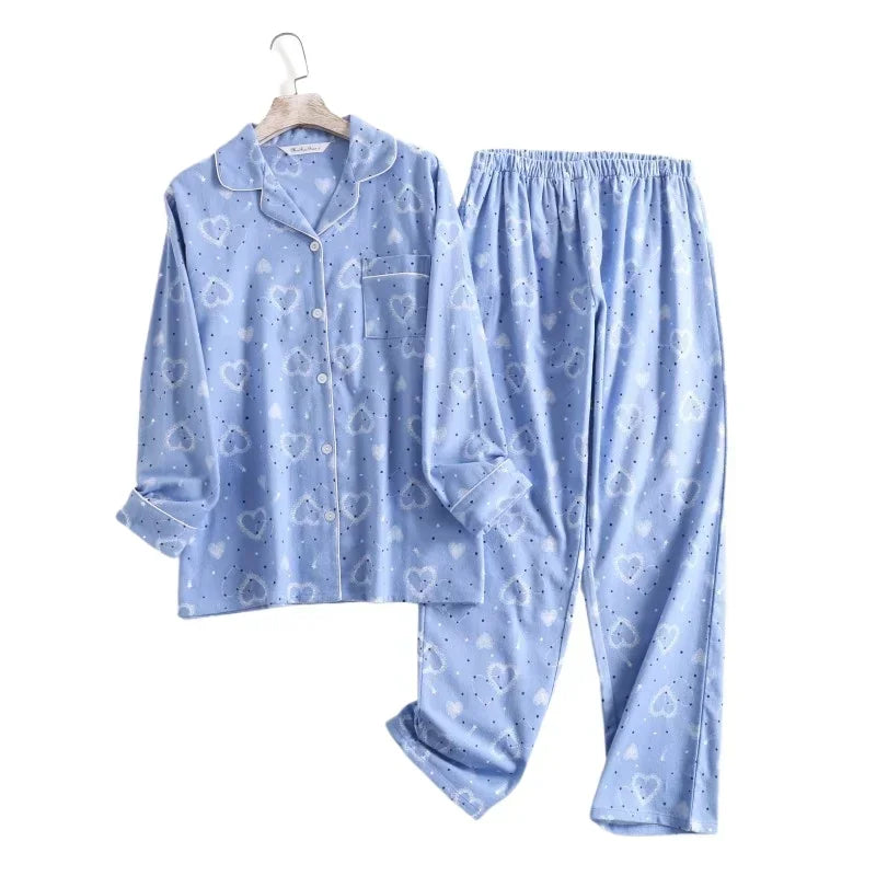pyjama femme flanelle de coton bleu cœur