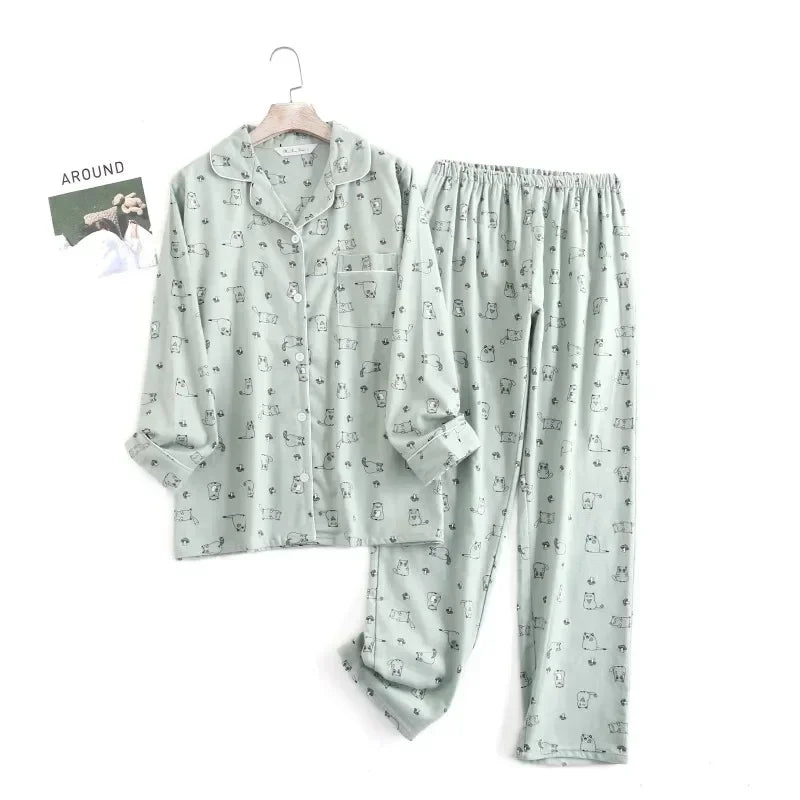 pyjama femme flanelle de coton vert clair chat
